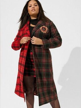 Torrid x Betsey Johnson Split Plaid Preppy  Plus Size Melton Car Coat, Size 30